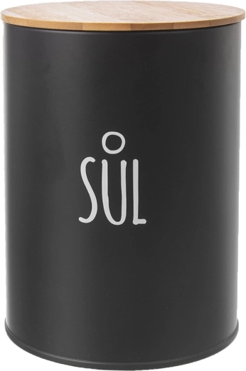 Black kitchen salt tin with bamboo lid, 11 cm
