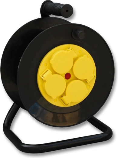 25 m retractable extension cable with drum, 4 sockets, rubber, IP44