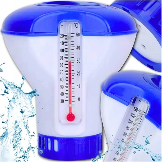 Floating pool chemical dispenser with thermometer 2-in-1