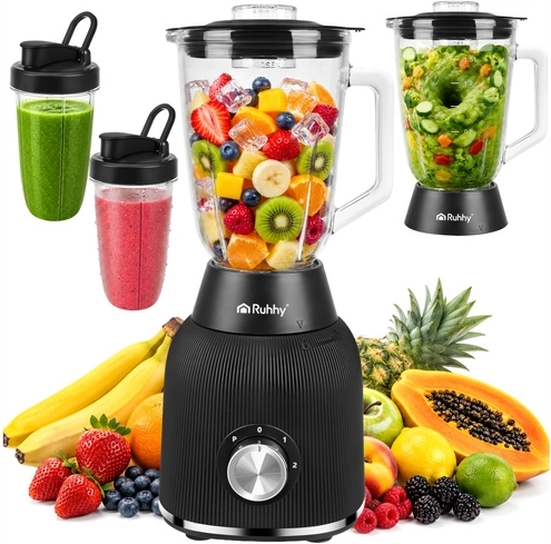Ruhhy 1200 W countertop glass blender with ice crushing and 2 portable bottles