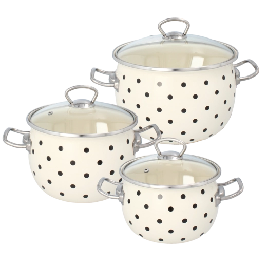 3 emaliuotų puodų su dangčiais rinkinys, balti taškeliai 2,5 l, 3,5 l, 5 l