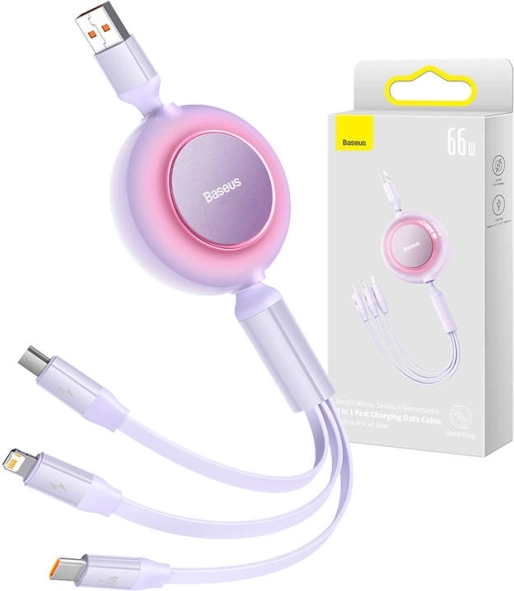 Baseus Bright Mirror 3 USB laidas 3 viename micro USB, USB‑C ir Lightning 66 W 1,1 m – Violetinė