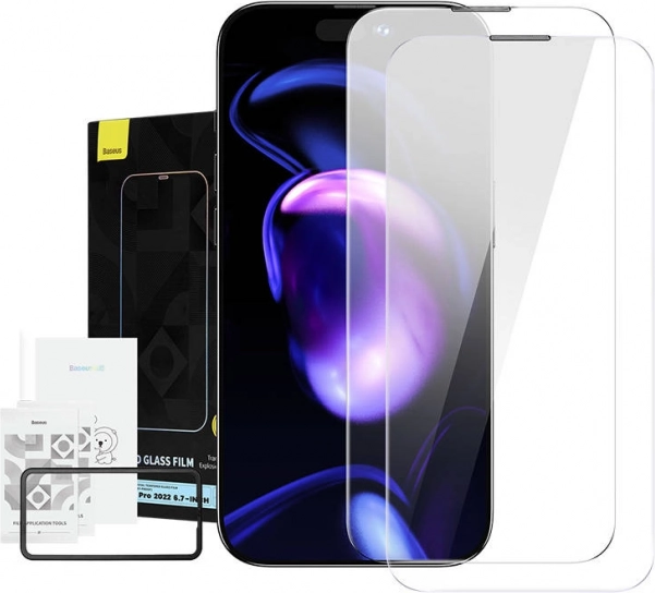 Baseus Crystal grūdintas stiklas, atsparus dulkėms, 0,3 mm, iPhone 14/13/13 Pro – Dviguba pakuotė