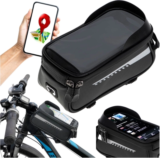 Waterproof bicycle frame bag with phone holder
