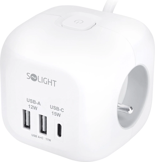 Solight cube-shaped extension lead, 3 sockets + USB-A and USB-C, 2 m cable, white