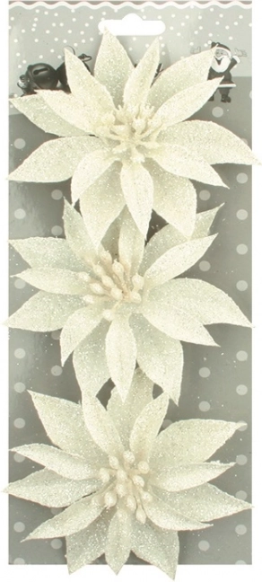 Kalėdinės blizgios baltos rožės, 3 vnt. rinkinys