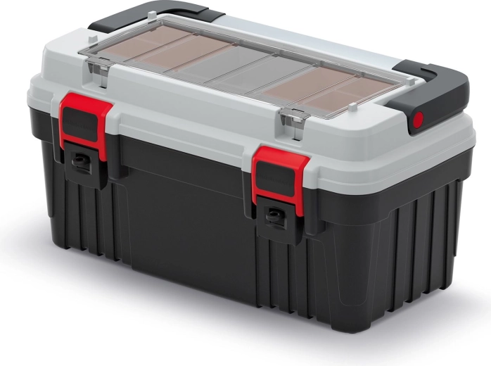 Plastikinis įrankių lagaminas su metaline rankena ir organizatoriais OPTIMA 470 × 256 × 238 mm, pilkas