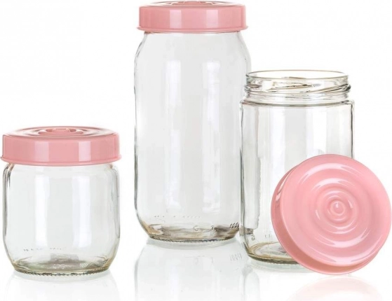 LINZI stiklinių indelių rinkinys 3 vnt., rožinis dangtelis