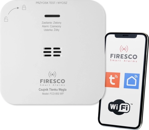 Firesco FCO-850 WF Wi‑Fi anglies monoksido (CO) detektorius, skirtas Tuya/Smart Life