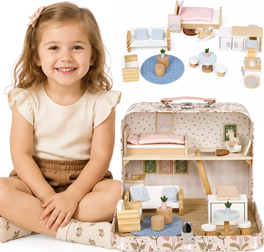 Ecotoys medinis lėlių namelis lagamine – dviejų aukštų su baldais ir 20 priedų