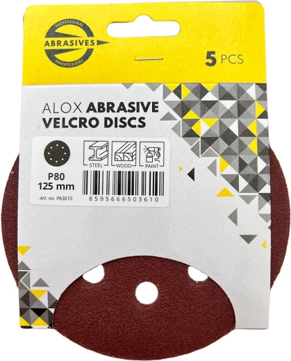 Sanding Discs 125 mm, Grit 80, 8 Holes, Hook and Loop (5 pcs)