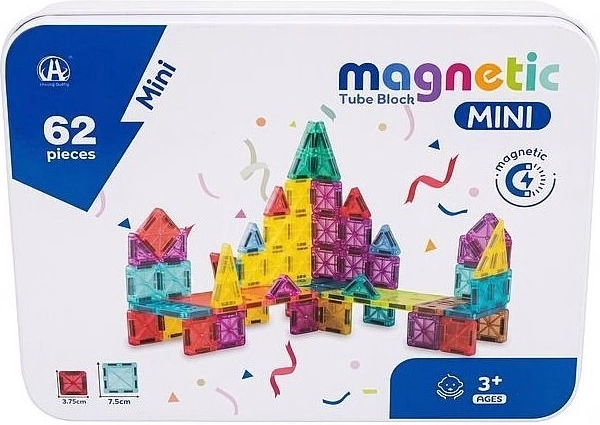 Mini magnetic construction set with 62 pieces in a tin box