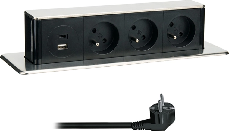 Solight retractable socket block 3× 230 V + USB-A/USB-C 20 W PD, 2 m, stainless steel