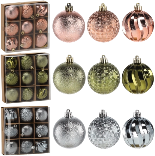 Set of Christmas baubles 6 cm in olive, copper and graphite, 9 pcs