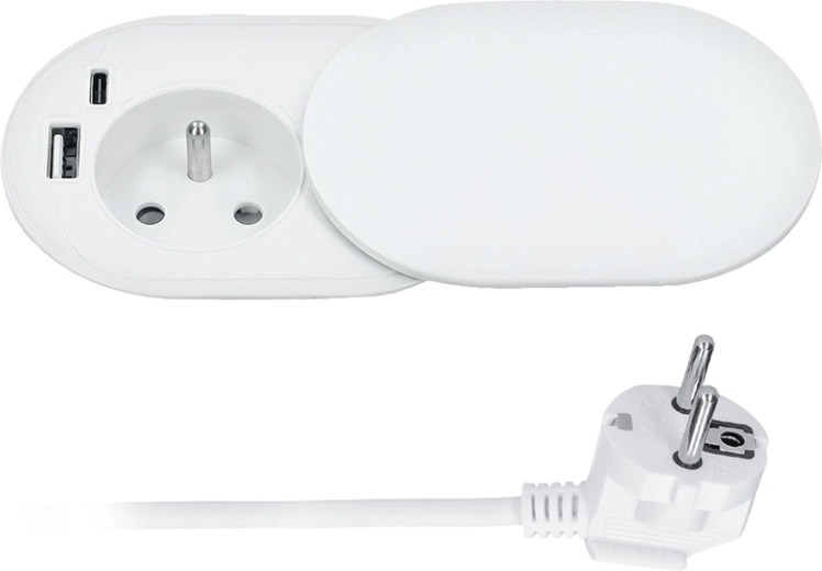 Solight įmontuojamas 230 V lizdas su USB-A ir USB-C (20 W PD), slankiojantis dangtelis, 2 m, matinė balta