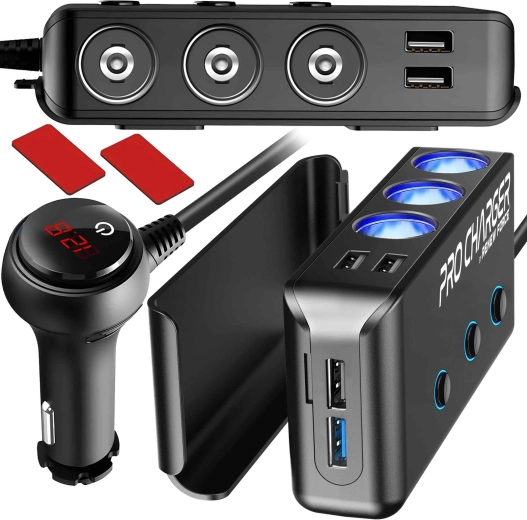 Car cigarette lighter splitter 200 W with 3 sockets and 4× USB (QC 3.0 + PD) with digital voltmeter - 1 piece