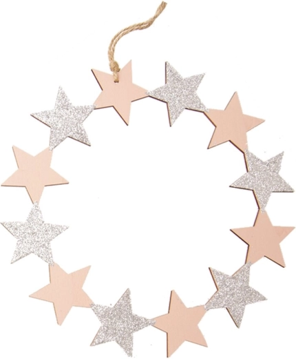 Hanging wooden wreath with stars, pink, 23 cm