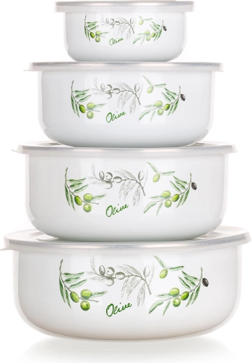 Emaliuotų dubenėlių su dangteliais rinkinys OLIVES, 4 vnt. (10–18 cm)