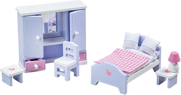 Tidlo wooden bedroom set for a dollhouse in pastel purple-blue colors