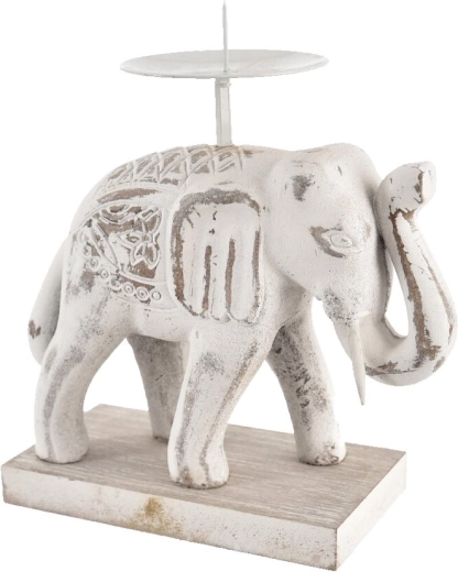 Wooden Elephant Candle Holder, White, 16 × 7 × 19 cm