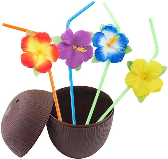 Coconut-shaped cup with floral straw