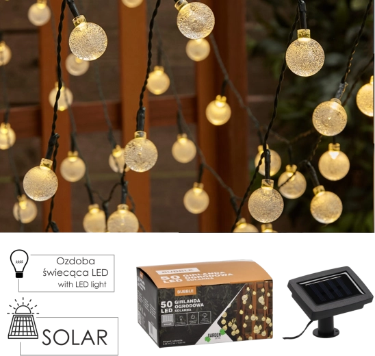 Saulės energija maitinama lauko šviečianti girlianda „Bubble“ 50 LED šiltai balta 9,35 m