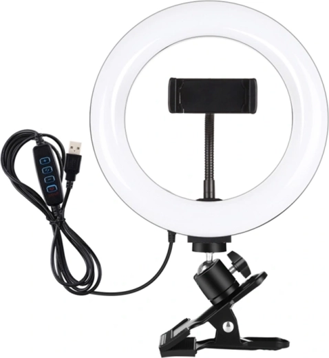 Puluz LED žiedinis šviestuvas 20 cm su laikikliu monitoriui ir telefonui, reguliuojama šviesos temperatūra, juodas