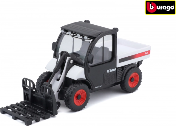 Bburago Bobcat Toolcat 5600 su šakių priedu – baltas/juodas metalinis modelis