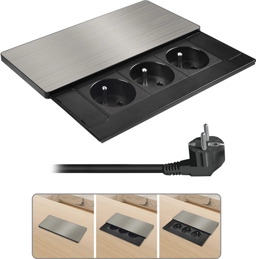 Solight built-in socket block with sliding cover, 3 sockets, 2 m, silver - 1 piece