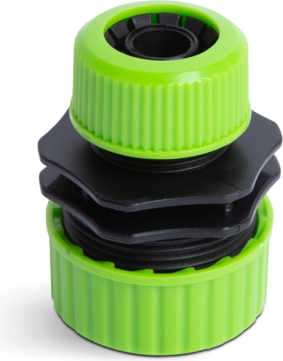 Plastikinis adapteris sodo žarnai 1/2"–3/4", žalias ir juodas