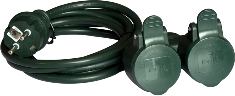 Garden extension cord 10 m with 2 sockets, green