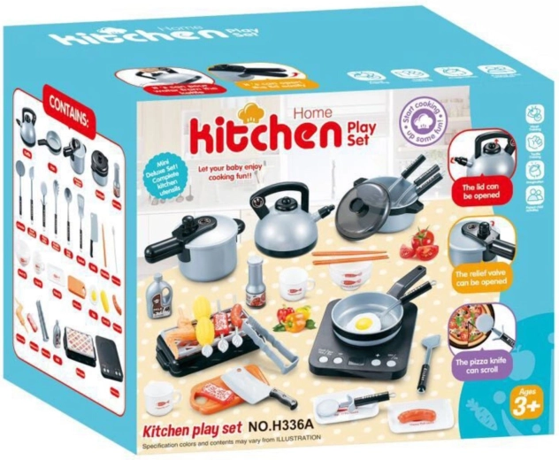 Children’s kitchen set with induction hob and accessories, 36 pieces, silver