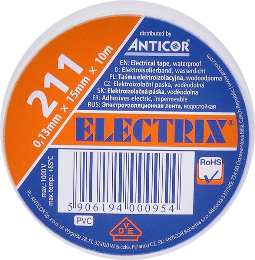 Solight white electrical insulation tape 15 mm x 0.13 mm x 10 m