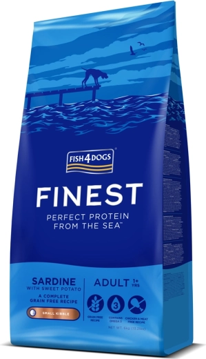 Fish4Dogs Finest sardinės su saldžiosiomis bulvėmis – mažos granulės suaugusiems šunims 1,5 kg