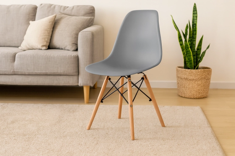 Modern gray dining chair with wooden legs