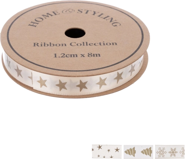 Home Styling Christmas decorative ribbon, beige with gold print, 1.2 cm x 8 m