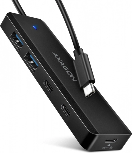 Kelioninis USB‑C šakotuvas AXAGON, 4 prievadų 5Gbps (2× USB‑A, 2× USB‑C) su USB‑C maitinimu ir 19 cm kabeliu