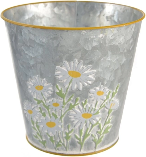 Gray metal flower pot cover with daisy motif
