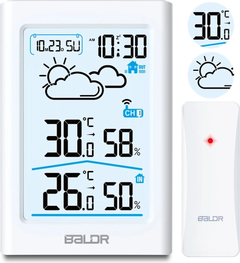 Balta belaidė meteorologinė stotelė su LCD ekranu ir higrometru