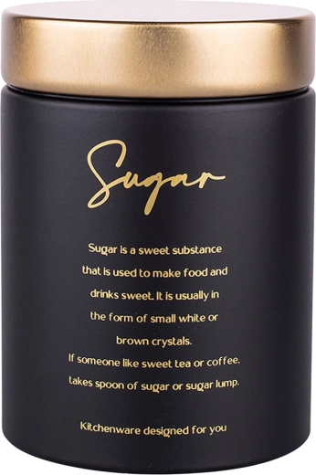 Apvali dėžutė cukrui „Sugar“ – matinė juoda su auksiniu dangteliu