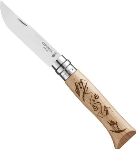 Opinel No.08 pocket knife with Ski engraving, beech wood, 8.5 cm