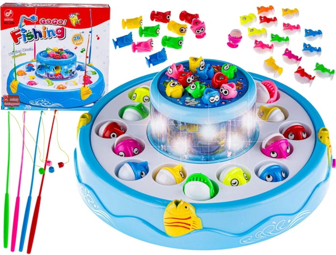 Family fish-catching game with two ponds, light and sound