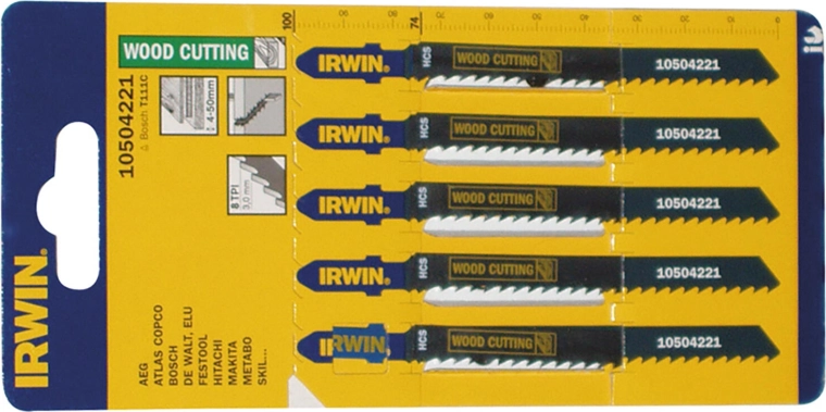 Set of jigsaw blades IRWIN HCS T111C for wood and plastic, 100 mm (5 pcs)
