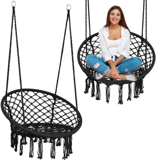 Pakabinama boho stiliaus supama kėdė, juoda