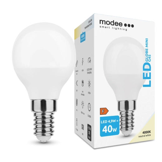 Modee LED rutulinė mini G45 lemputė 4,9 W E14 neutrali balta