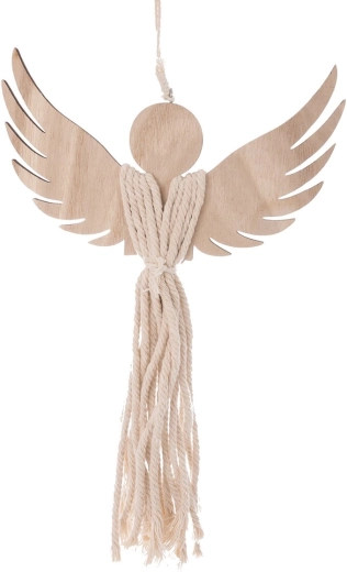 Wood and macramé angel in a natural brown finish
