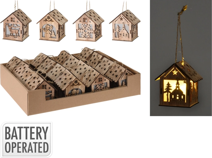 Hanging wooden house decoration with LED, 9 cm