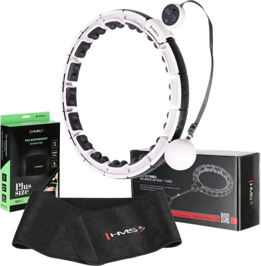 Magnetinio hula hoopo rinkinys su skaitikliu ir liekninamuoju diržu HMS HHM16 + BR163 Plus Size, baltas