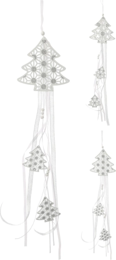 Hanging wooden tree decoration 16 cm with ribbons, white/silver
