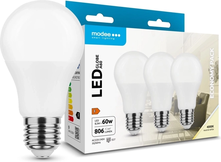 Modee LED lemputė Globe A60 8,5 W E27, 806 lm, neutrali balta, pakuotė 3 vnt.